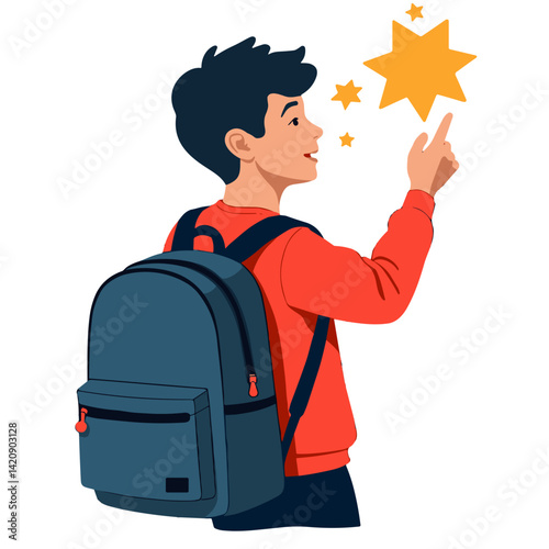 Excited student pointing at stars while carrying a backpack, new beginnings