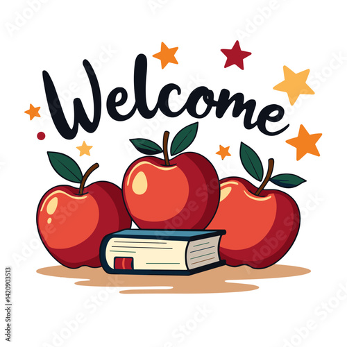 Welcome card with apples and stars, celebrating new beginnings