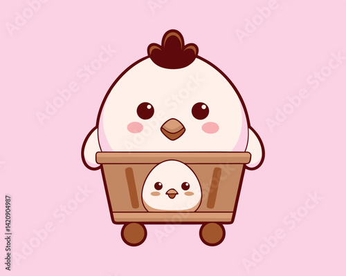 Cute Cartoon Chicken in Basket – Kawaii Animal Character with Pink Background.