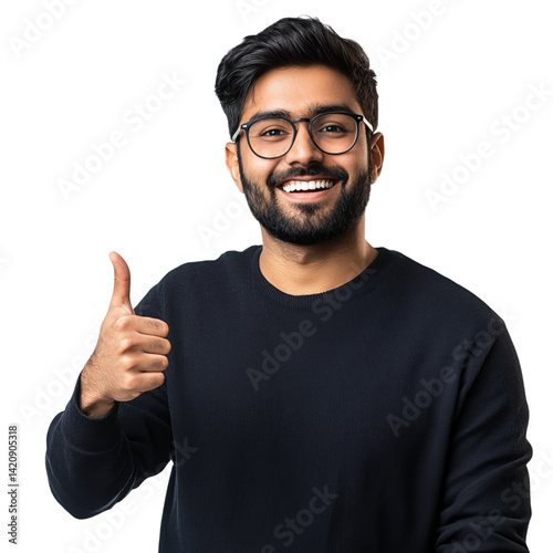 An Indian man smiling and pointing to the side