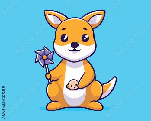 Cute Kangaroo Holding Pinwheel Cartoon Illustration