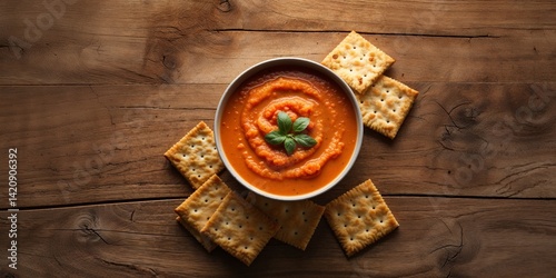 Comforting Tomato Soup with Crackers on a Rustic Wooden Table
