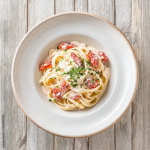 Delicious creamy fettuccine pasta with sun dried tomatoes and fresh herbs