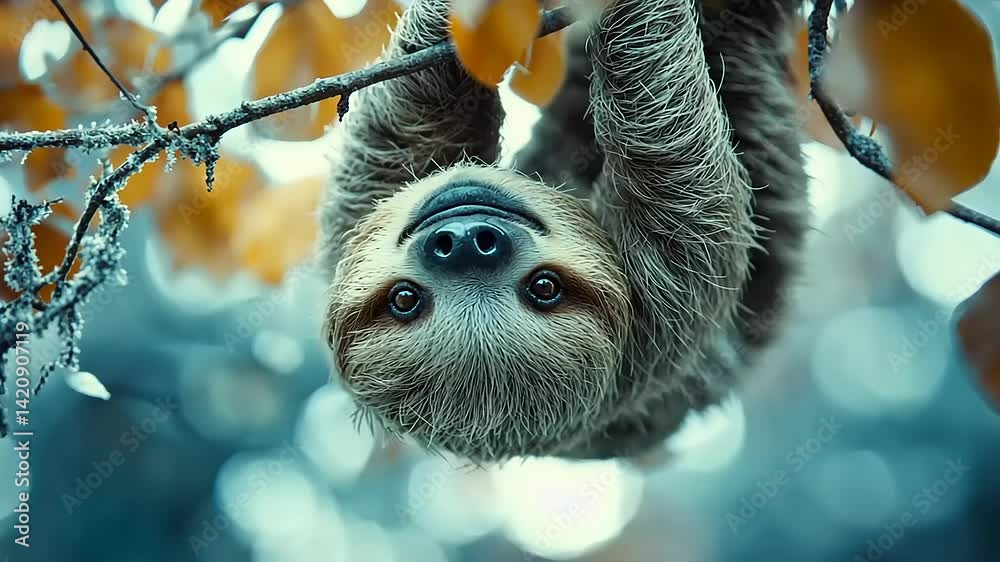 A sloth hanging upside down from a tree branch surrounded by autumn leaves in a serene forest setting