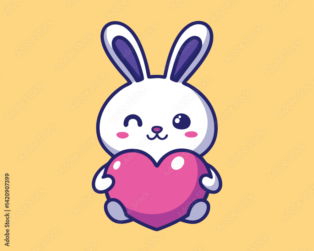 Obraz premium Cute Cartoon Bunny Holding Pink Heart on Yellow Background 
