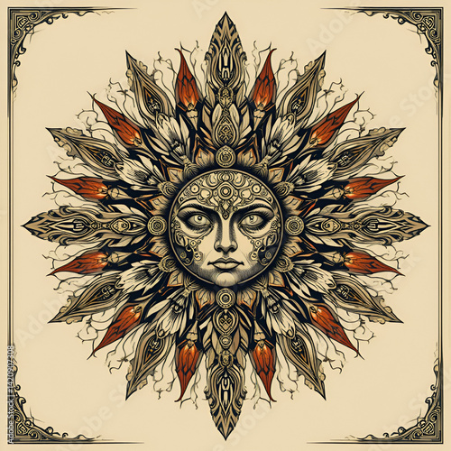 occult ethnic logos, amalgamation of sun gods, ornaments, and nature