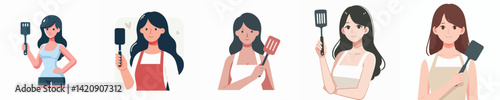 Vector of woman cooking holding spatula