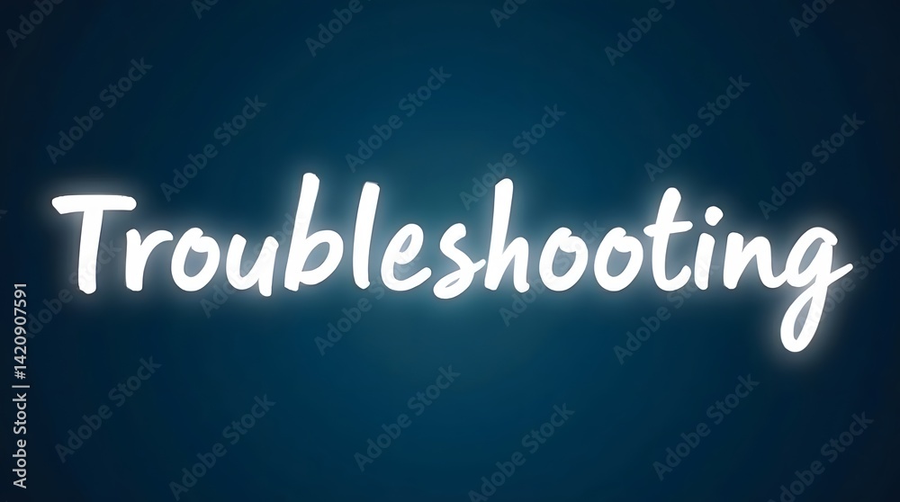 Glowing 'Troubleshooting' text on dark blue. Minimalist, impactful. Best for tech, support, problem-solving themes. Glowing 'Troubleshooting' text on dark blue. Minimalist, impactful. Best for tech, support, problem-solving themes.