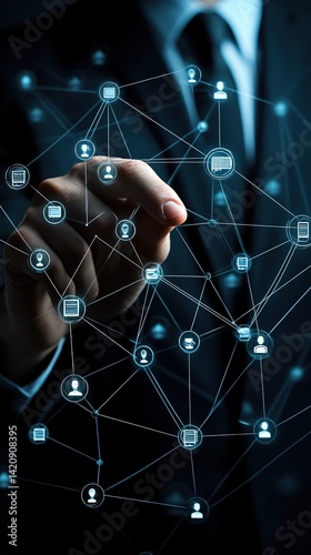 Hand interacting with a network of glowing nodes representing connection and technology.