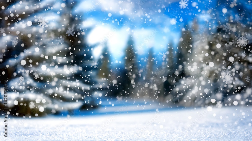 Beautiful Winter Snowfall Scene Peaceful Snowy Forest sky icy cold blue blur soft card Beautiful Winter Snowfall Scene Peaceful Snowy Forest sky icy cold blue blur soft card