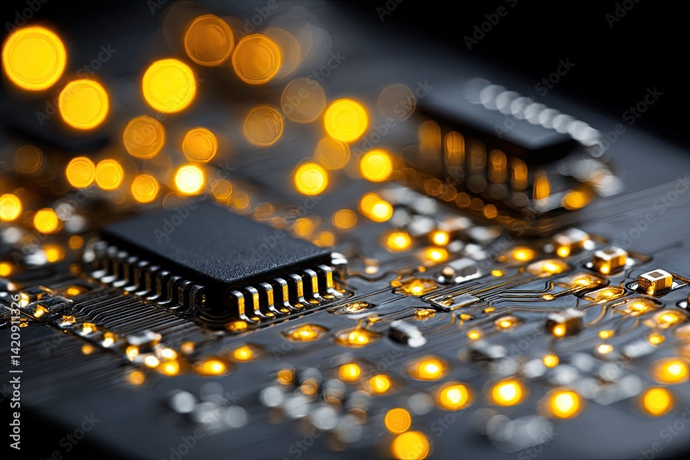 Circuit board close-up with glowing components
