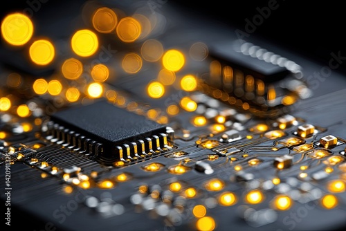 Obraz na płótnie Circuit board close-up with glowing components w salonie