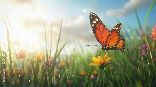 Captivating monarch butterfly sips nectar from sunlit meadow wildflowers scene