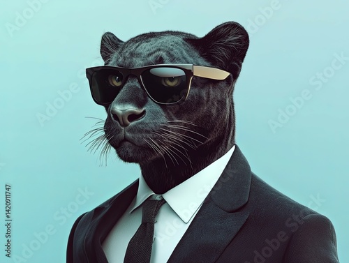 Sophisticated Black Panther in Suit, Sunglasses: Retro Cool Art