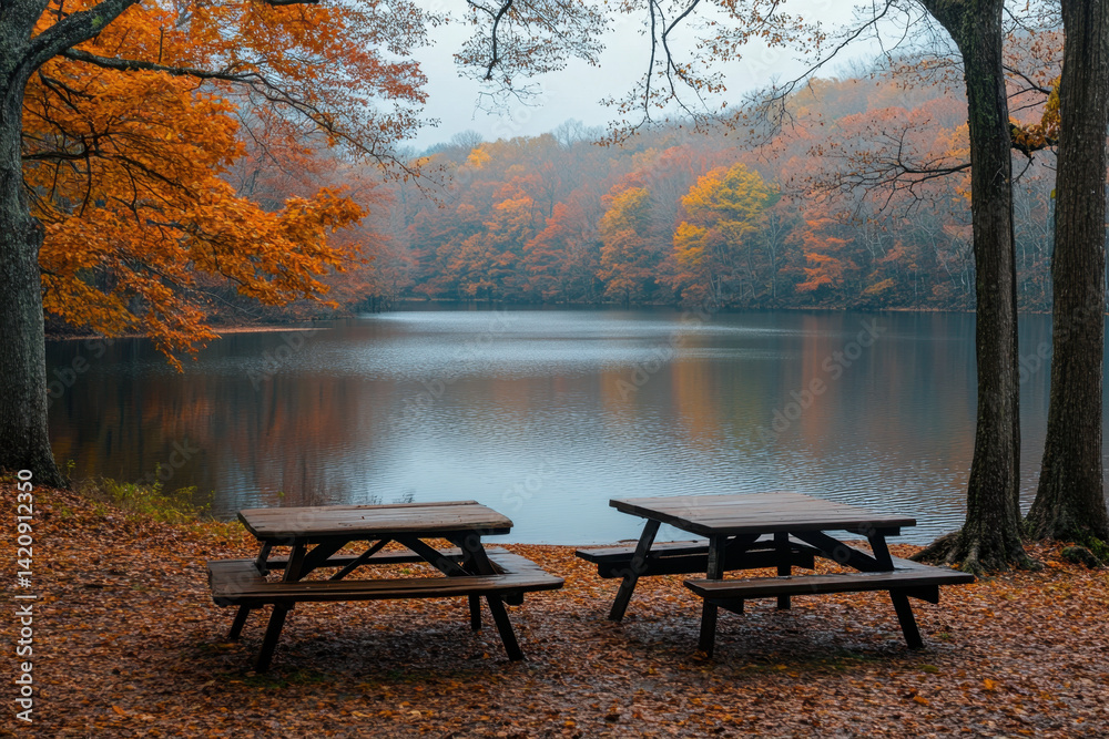 Obraz premium Two picnic tables sit on a serene lake shore, with ducks swimming nearby and lush green trees in the background, under a clear blue sky.