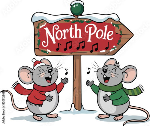 Christmas Singing Mice at North Pole Clipart – Holiday Cartoon Illustration 