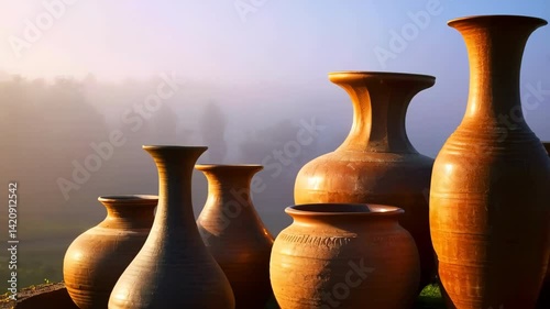 Collection of Rustic Terracotta Pots in Misty Sunrise Landscape