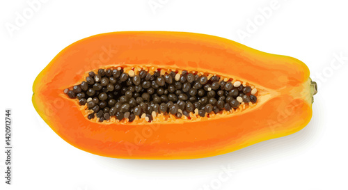 A halved papaya reveals a vibrant orange interior packed with black seeds
