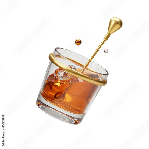 Close-Up View of a Whiskey Glass with Ice and Gold Stirrer in Mid-Splash on a Transparent Background