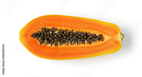 A halved papaya with vibrant orange flesh and dark seeds isolated on white