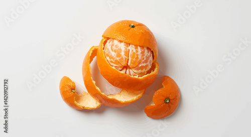 A juicy tangerine partially peeled revealing its segments on a white surface
