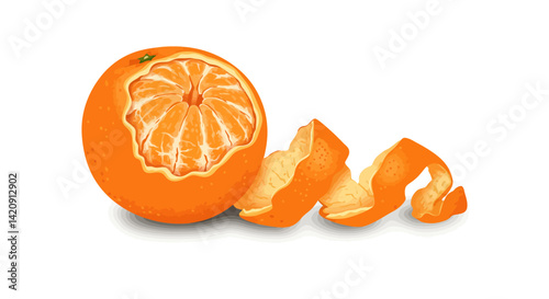 A peeled partially exposed tangerine with its peel trailing sits on a white backdrop
