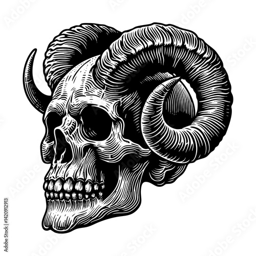 Human skull with horn sketch engraving black and white outline. Scratch board imitation.  illustrated in vintage line art style on a white background.
