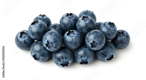 A pile of plump blueberries in shades of blue shadows cast on a white surface