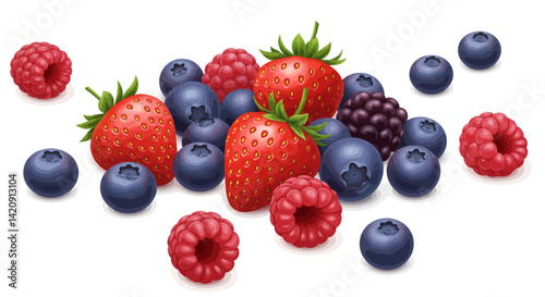 A vibrant assortment of berries bursts with color against a plain white background