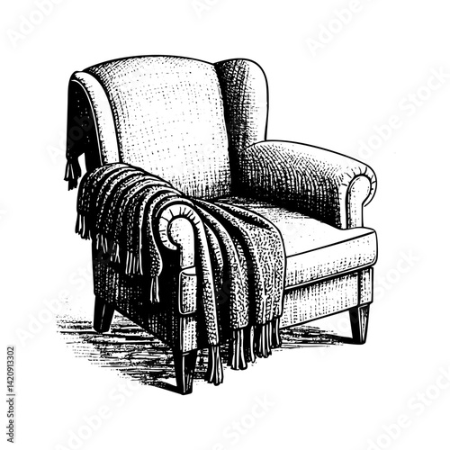 Sofa with blanket engraving black and white outline. Scratch board imitation.  illustrated in vintage line art style on a white background.