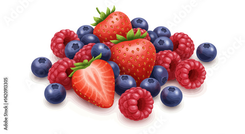 A vibrant still life Fresh berriesstrawberries raspberries and blueberriespiled together on a white backdrop
