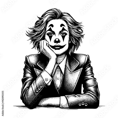 Woman clown sketch engraving black and white outline. Scratch board imitation.