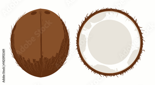 A whole coconut and a cutopen coconut showing the hairy exterior and white interior flesh