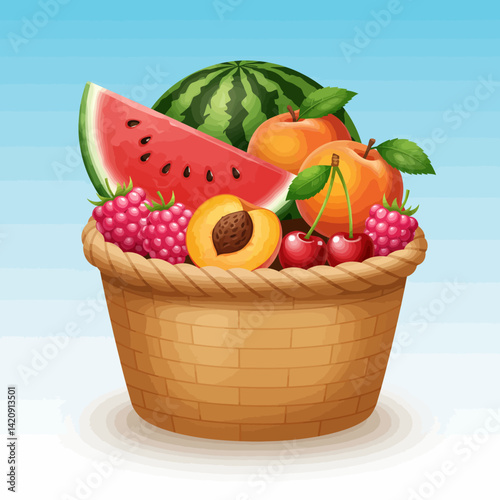 A woven basket brimming with juicy summer fruits watermelon peaches raspberries and cherries