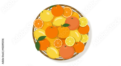 A woven basket overflows with a citrusy mix of oranges and lemons