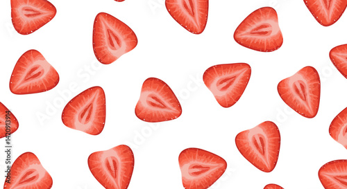 Sliced strawberries scatter on a white background A vibrant fruity pattern