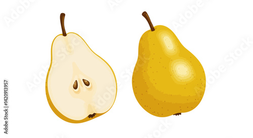 Two cartoon pears one whole and the other cut isolated against a white background