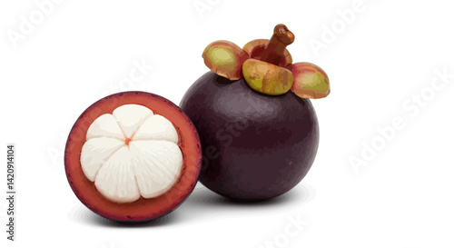 Two purple mangosteens one halved revealing white segments against a white backdrop