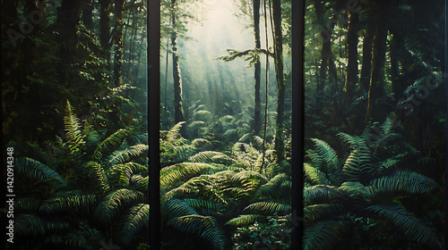 A set of canvases showcasing the rainforest floor covered in vibrant ferns and moss, with dappled sunlight filtering through the canopy