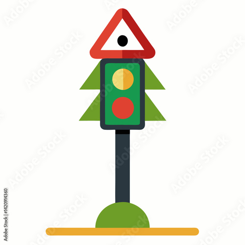 Illustration of traffic light cartoon with traffic sign on white background.
