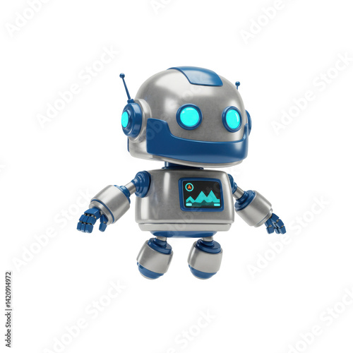 Cute Friendly Robot Character with Blue Eyes and Silver Metallic Body on Transparent Background