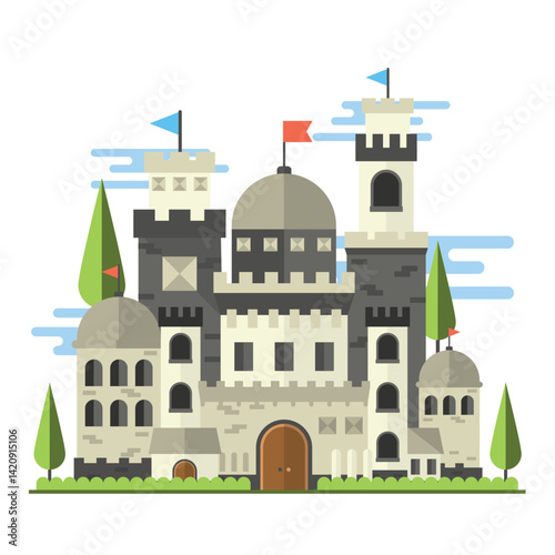 Flat design illustration of a medieval castle with towers, flags, and a fortified structure. This vector features a charming and clean architectural style.
