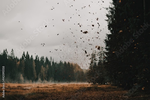 Autumn leaves swirling in a misty forest photo