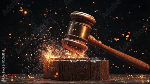 A wooden judge gavel striking a sound block.