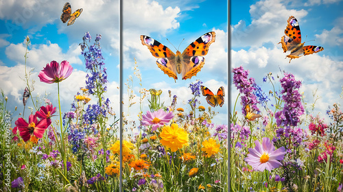 A set of canvases featuring a wildflower meadow in full bloom, with diverse colors and species, and butterflies fluttering on a sunny day