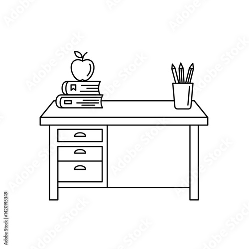 Desk with books, apple, and pens in minimalist style  