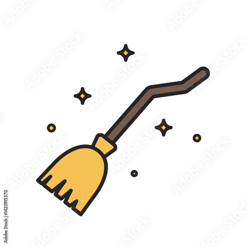 Broom with sparkles against a white background  