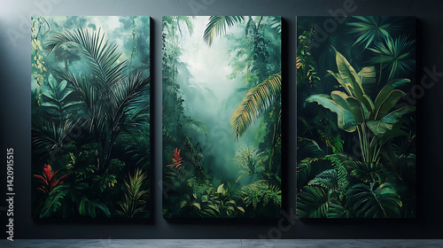 A set of canvases showcasing a tropical rainforest with dense vegetation, exotic plants and flowers, and a humid atmosphere