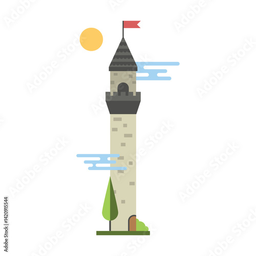Flat design illustration of a medieval castle with towers, flags, and a fortified structure. This vector features a charming and clean architectural style.