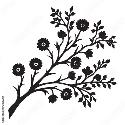 Black Flower Branch Silhouette Vector | Floral Illustration on White Background